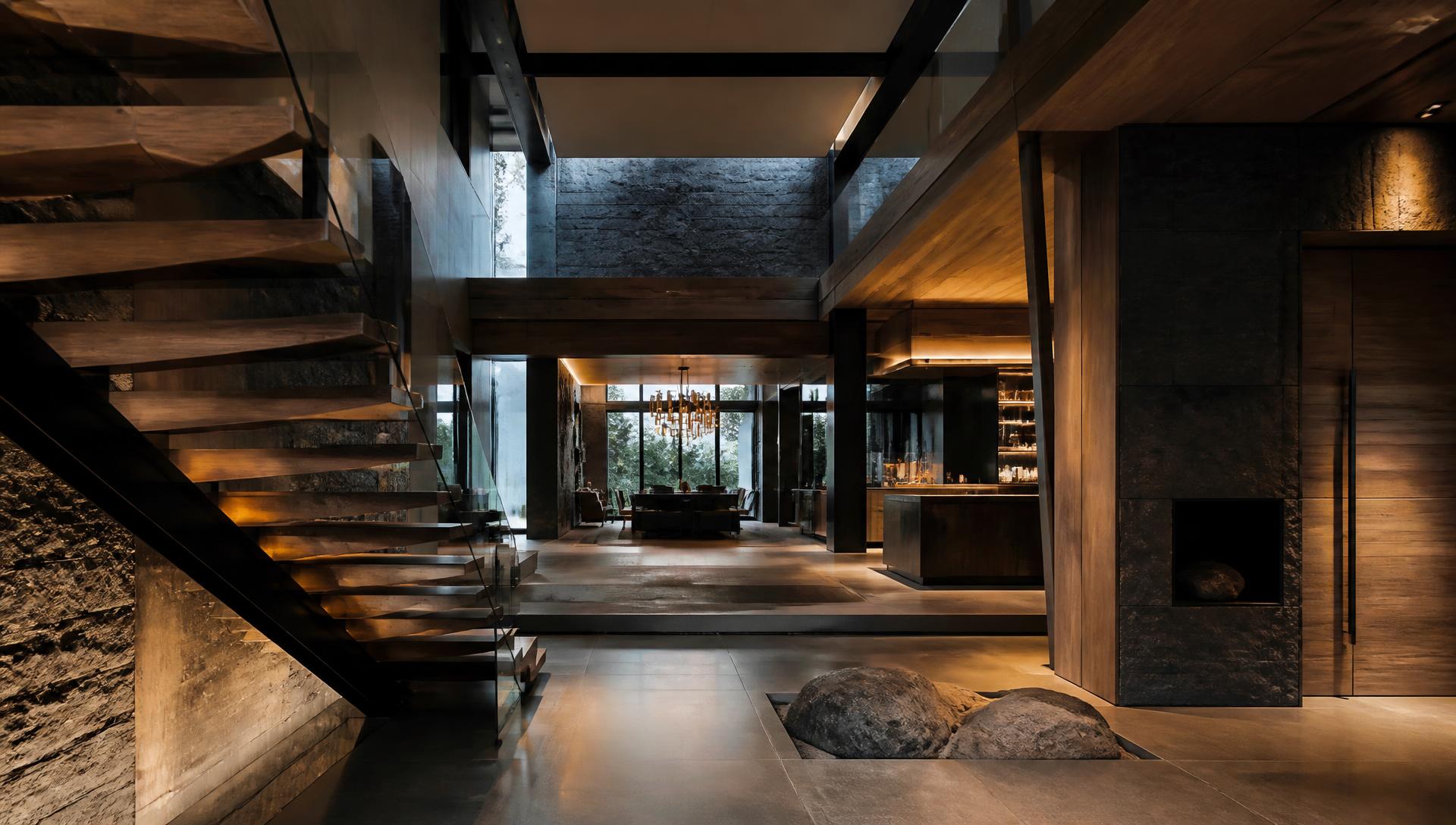 Complex interior with layered joinery, stone, metal and integrated lighting