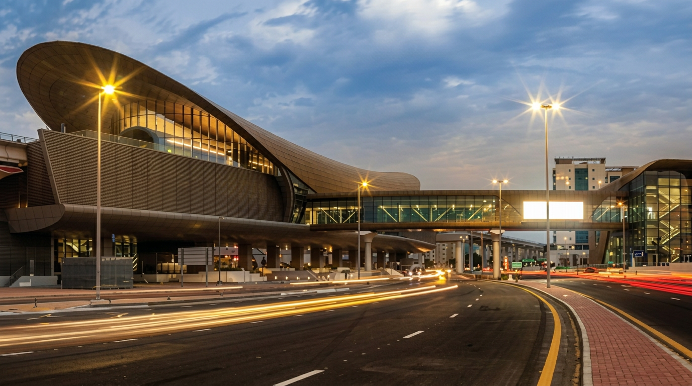 World Expo 2020 Expolink, Nakheel Harbour and Tower metro station at dusk with its sculptural curved canopy roof