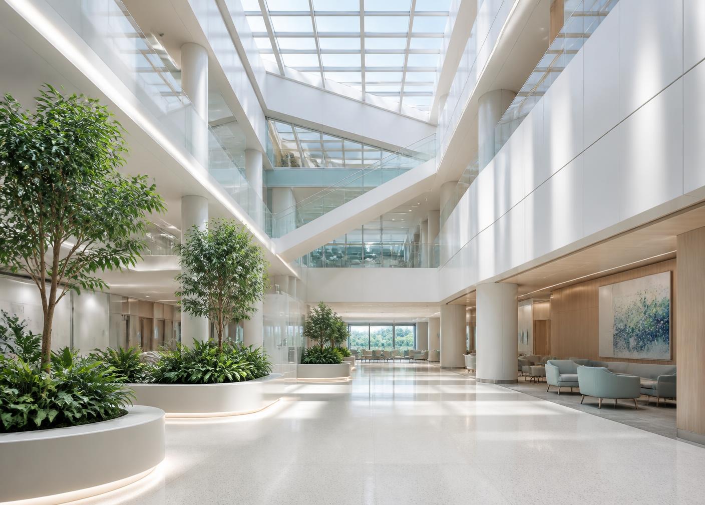 Bright hospital atrium with daylight and planting