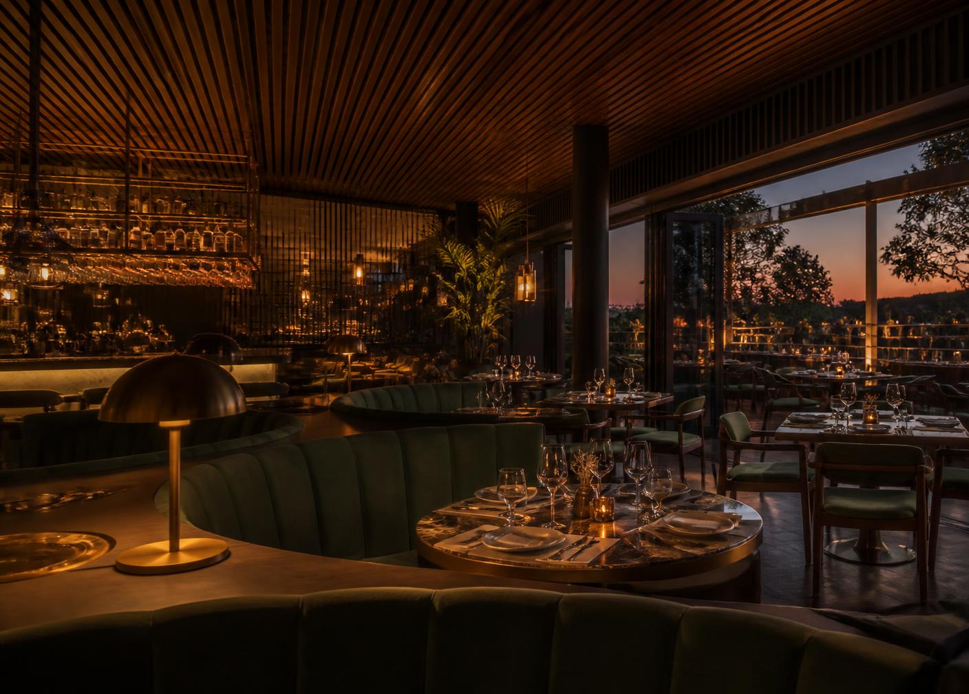 Resort restaurant and bar interior lit at dusk