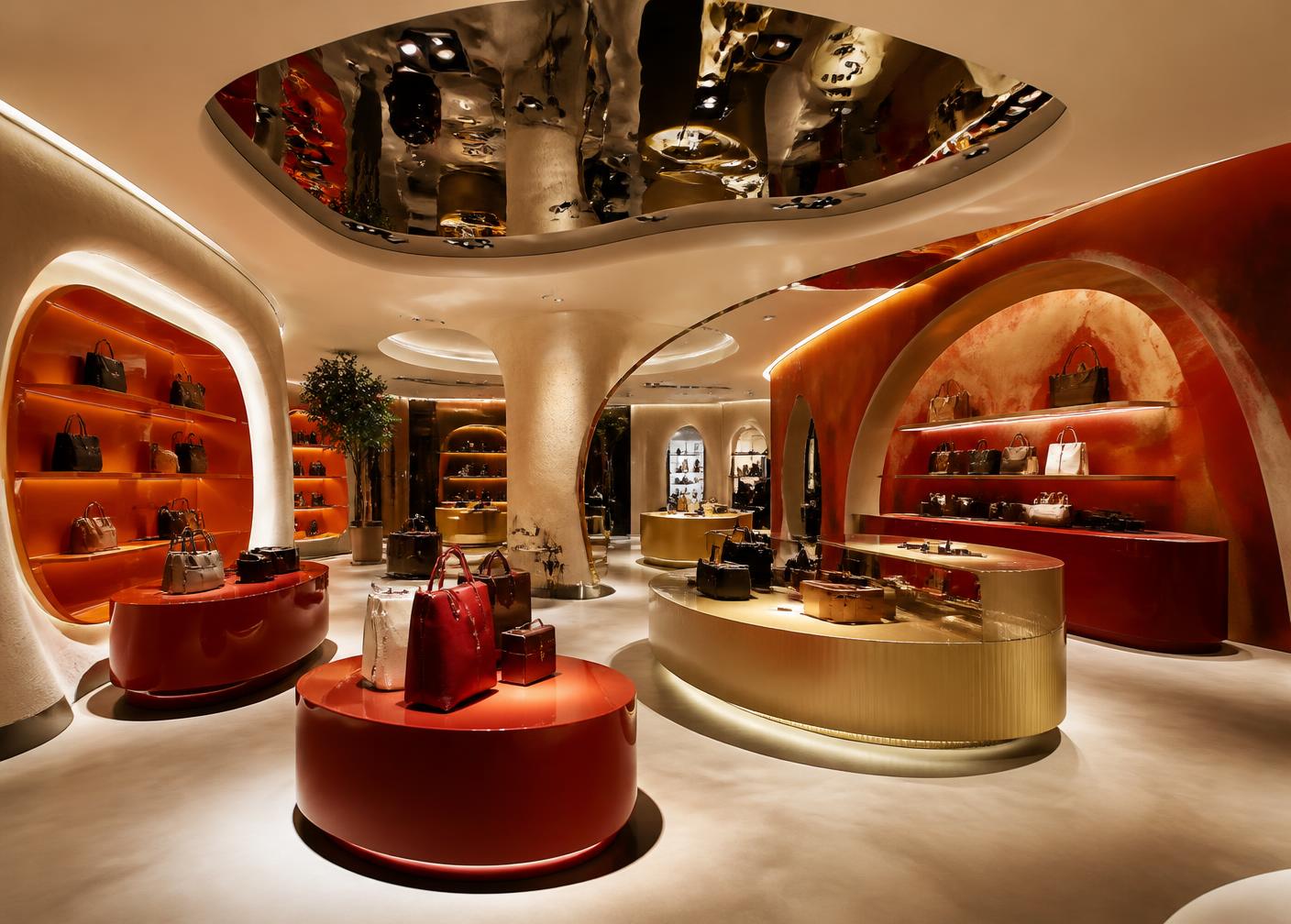 Expressive luxury flagship store with sculpted plaster and lacquer joinery