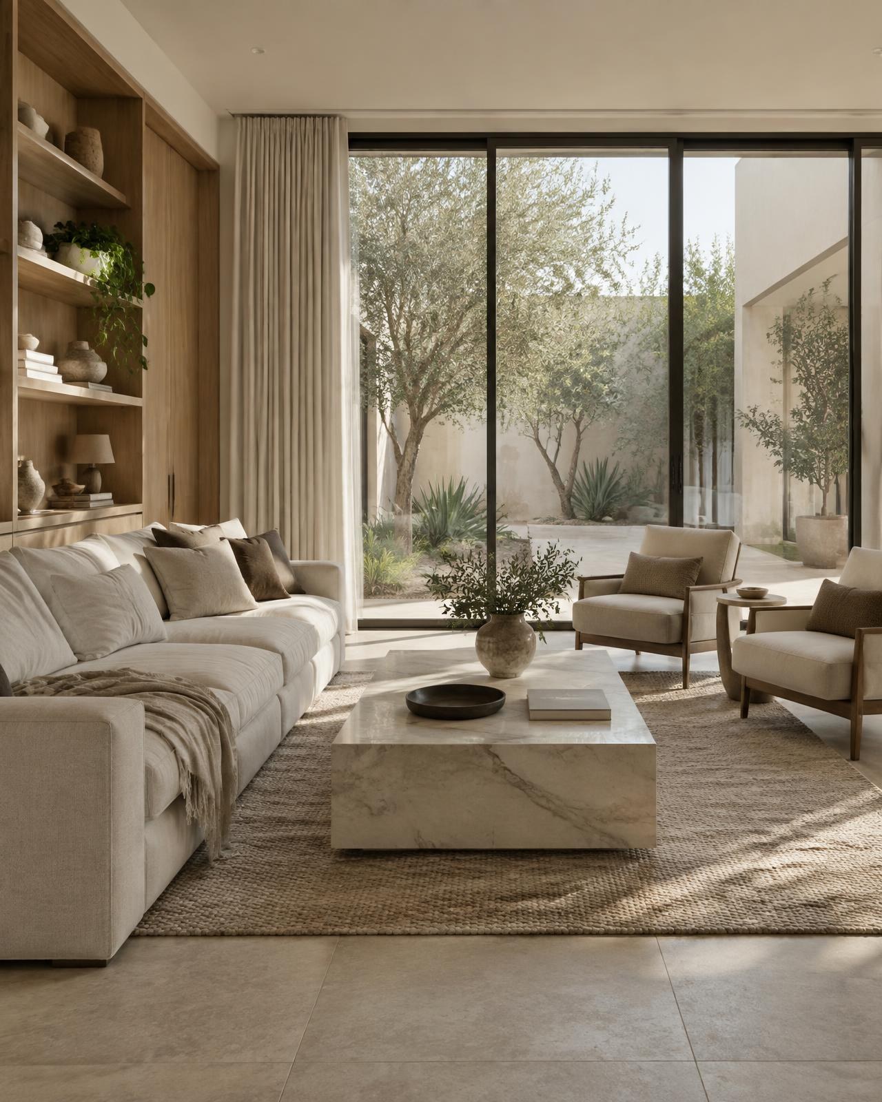 Design concept of a contemporary villa living room with timber joinery, a stone table and a planted courtyard